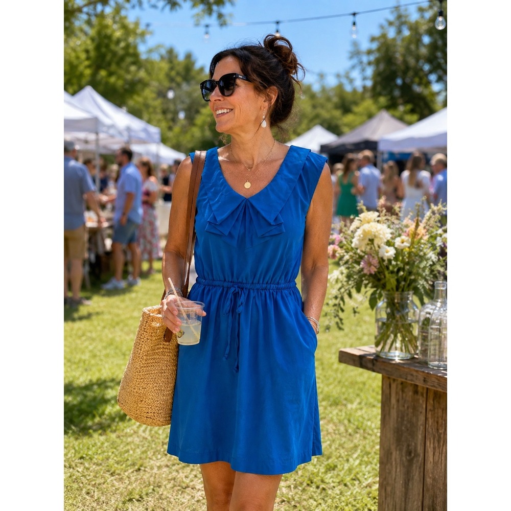 BeBop‎ Sleeveless Dress Womens 1X Blue Excellent Origami Collar Pockets Retro